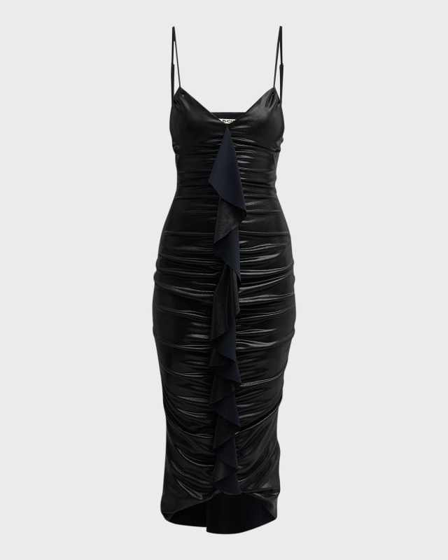 Sleeveless Ruched Ruffle Midi Dress